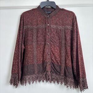 Young Threads Earthy Boho Button Down Cropped Shirt Chestnut Lace Trim Sz L NWT